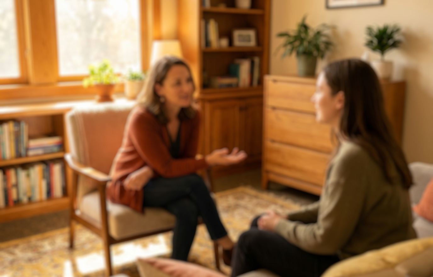 Therapist connecting with a young woman.